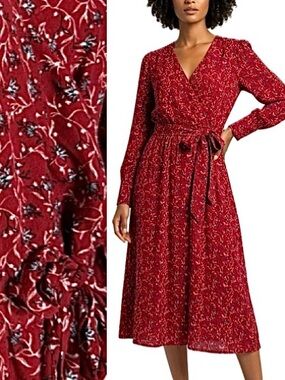 Treasure & Bond Floral Long Sleeve Wrap Midi Dress Size M Red Pockets Cottage